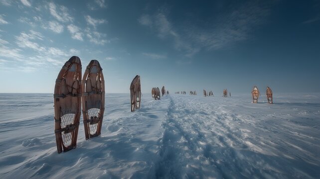 Rows of vintage wooden snowshoes standing in an arctic snowfield. Generated by AI.