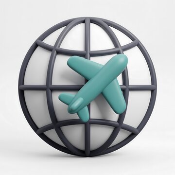 White and gray earth globe with teal airplane flying across 3D rendering gray grid airplane international