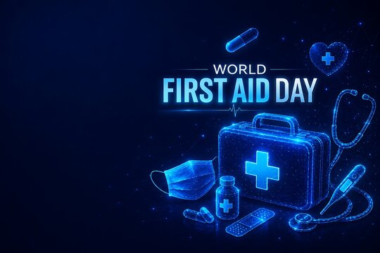 World first aid day digital composition with medical kit mask and pills stethoscope healthcare emergency medicine hospital clinical treatment pharmacy wellness technology futuristic