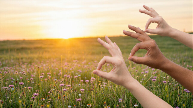 OK sign hand gesture made by diverse people in an open grassy meadow during sunset