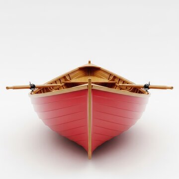 Vibrant red nautical boat isolated on a seamless white background. Classic small vessel featuring a sleek hull, wood details, and oars, isolated, exterior, summer