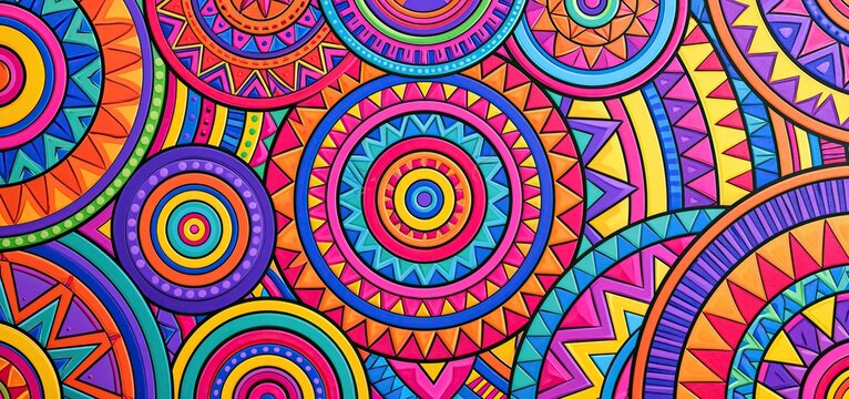 Vibrant Indigenous heritage festival backdrop with intricate tribal symbols and bold geometric concentric circles.