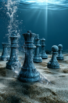 Chess queen and pieces submerged in deep blue ocean water, close-up view with bubbles trailing upward, sandy seabed below