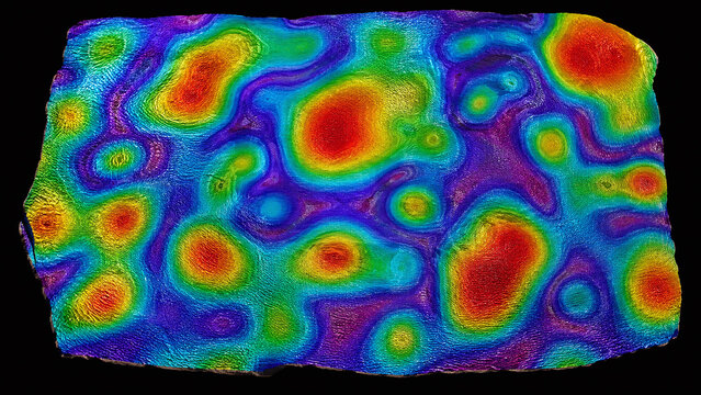 Thermochromic liquid crystal sheet temperature colour map macro with vivid rainbow spectrum from violet blue teal green yellow orange red heat zones on black background