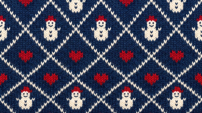 Seamless christmas knitted pattern featuring cute snowmen and red hearts on a dark blue background