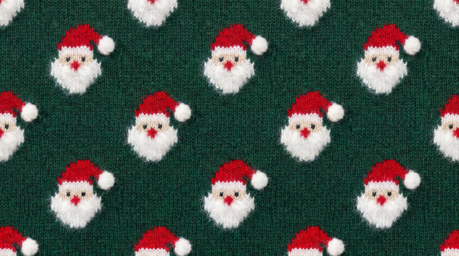Knitted Santa Claus faces repeating pattern on a dark green textile background with soft studio lighting