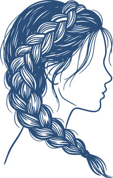 Braided hair silhouette vector, elegant woman profile with French braid hairstyle, blue line art illustration for beauty salon branding