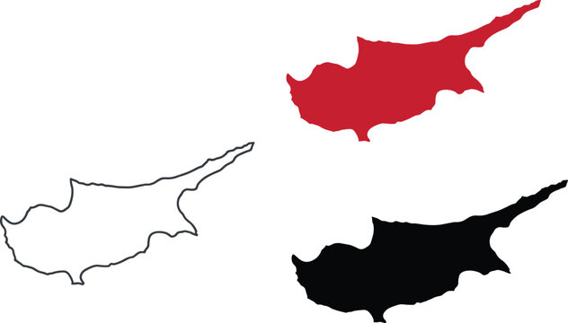 Cyprus map collection with red, black silhouette and outline geographic shapes isolated on white background