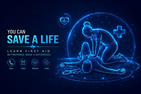 You can save a life text banner with cpr resuscitation medical illustration in digital wireframe style first aid medical assistance low poly digital art resuscitation emergency healthcare
