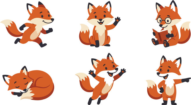 Cute cartoon fox character set in various poses and activities like running jumping reading and sleeping