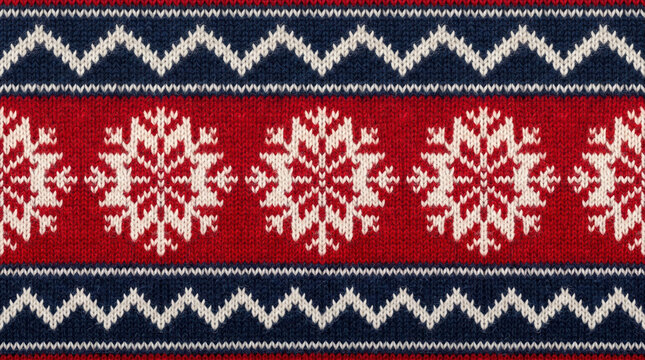 Seamless nordic pattern with snowflakes and geometric shapes in red and navy