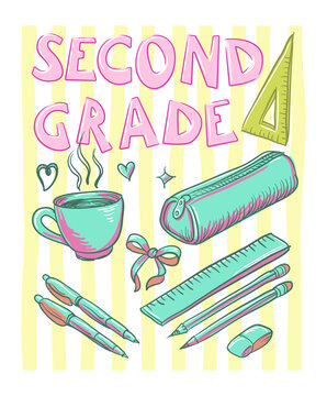 Cute second grade graphic print with colorful school supplies pencil case and hot coffee cup