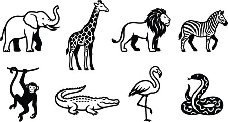 Obraz premium Set of black and white wild animal illustrations including elephant giraffe lion zebra monkey crocodile flamingo snake