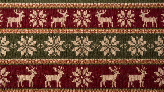 Seamless pattern of reindeer and snowflakes on a festive winter knit background