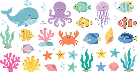 Naklejka premium Cute pixel art sea animals set with whale octopus crab and colorful tropical fish for underwater ocean game design