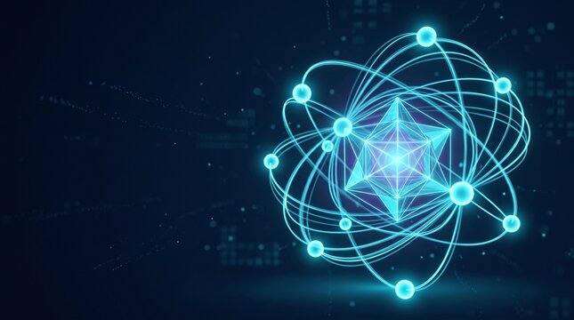 Glowing atomic structure with star core and orbits