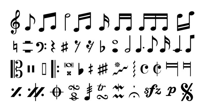 Set of all music notes and symbols isolated on transparent background, hand drawn sketch design vector illustration. Complete set of the music notes and symbols