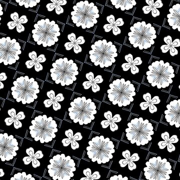 Black and white seamless pattern with abstract flowers and Thai motifs