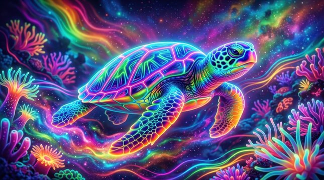 Neon sea turtle, glowing coral reef
