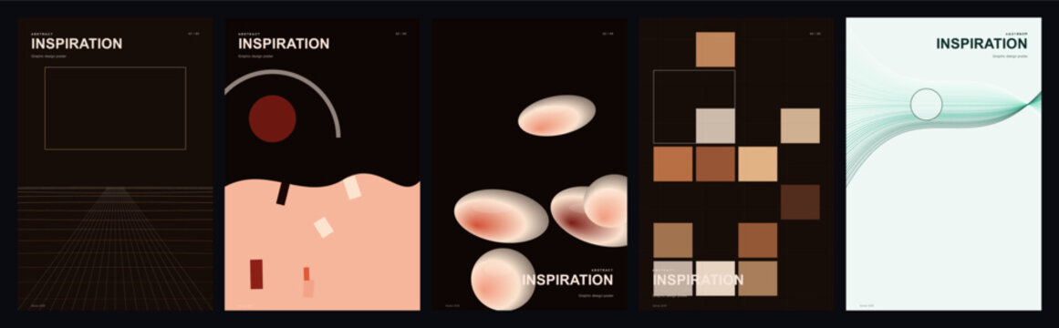 Minimalist abstract poster collection, 5 modern inspiration layouts with geometric shapes, dark and light aesthetic vector set