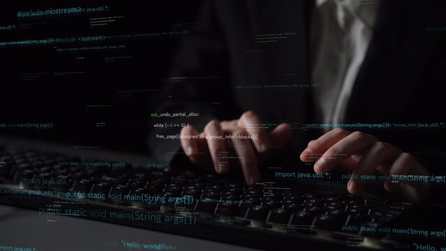 A focused programmer is typing on a keyboard in a dark environment, surrounded by overlayed digital text that represents coding and programming languages. Xenic