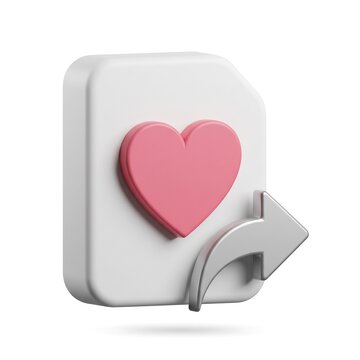 3D social media love heart icon with share arrow on white background like icon pink heart app icon