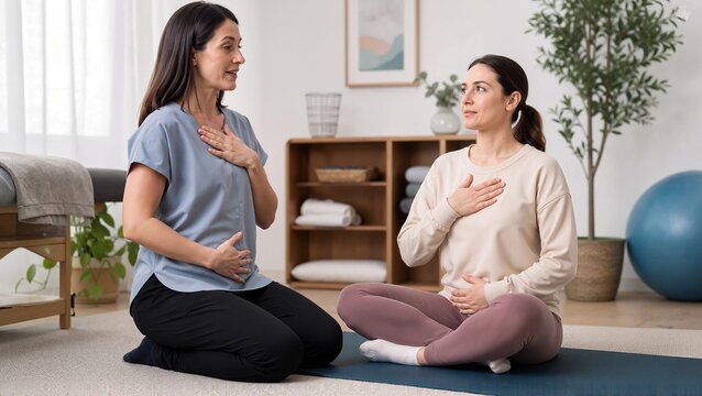 Two women practicing pelvic health breathing exercises indoors