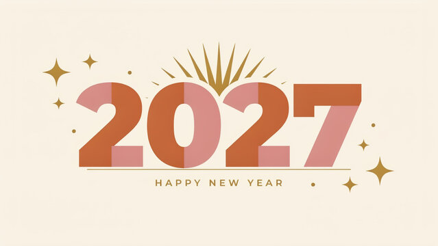2027 New Year Celebration Typography with Golden Sunburst, Stars and Elegant Festive Greeting Design, New Year Eves