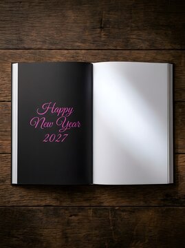 An open book with the words "Happy New Year 2027" written in elegant pink script on the left page, set against a dark background, with the right page blank and illuminated by soft light.
