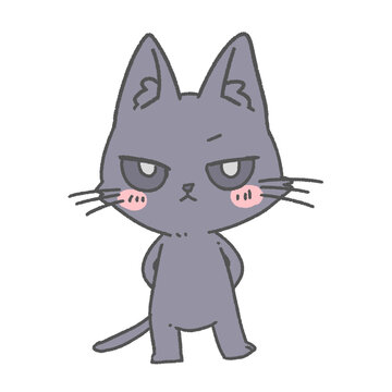 Cute sleepy gray cartoon cat with pink cheeks