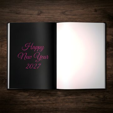 An open book with the words "Happy New Year 2027" written in pink script on the left page and a blank white right page, set against a dark wooden background.