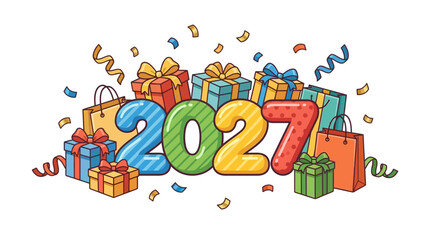 Naklejka premium Colorful 2027 New Year Celebration Illustration Featuring Gift Boxes and Confetti
