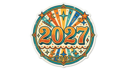 Naklejka premium Retro Style Circular Emblem Featuring The Year 2027 With Decorative Celestial Sunburst Patterns