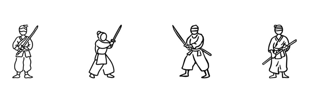 Samurai Warrior Hand Drawn Doodle Icon Set. Sword Fighting, Martial Arts, Armor And Traditional Combat Sketch Symbol Collection. Japanese Culture. Isolated Vector Illustration