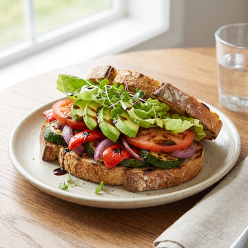 Grilled Vegetable and Avocado Sourdough Sandwich.