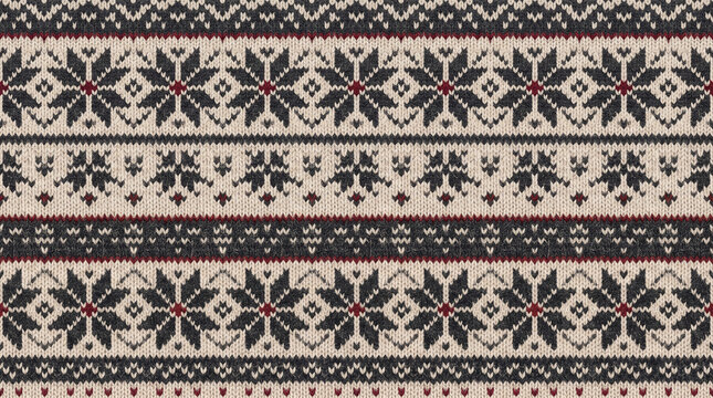 Nordic knitted pattern in beige and dark grey with snowflake motifs for cozy winter apparel backgrounds