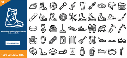 Obraz premium Winter sports and winter activity equipment thin line icons vector set
