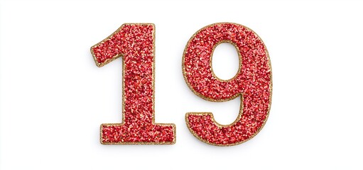 Naklejka premium Number 19 created with sparkling gold and red glitter on a bright white background for festive occasions.