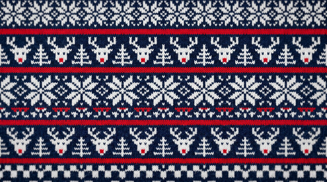 Nordic knitted pattern with reindeer and snowflakes in red and blue for winter holidays