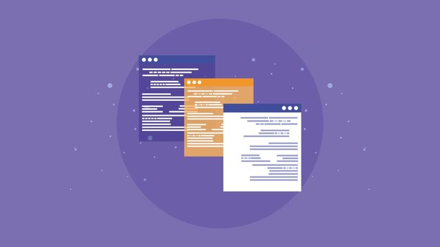 Three colorful code windows appear on screen showing programming code on a purple background with animated dots.