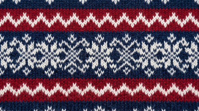 Seamless knitted pattern with traditional nordic geometric ornaments in red white and navy