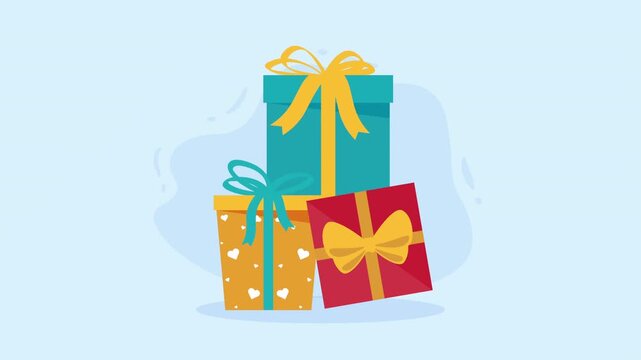 Animated gift boxes falling into pile with bows and patterns for celebration events and holidays.