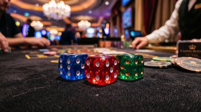 Colorful translucent dice on a casino craps table with blurred dealer and gaming chips