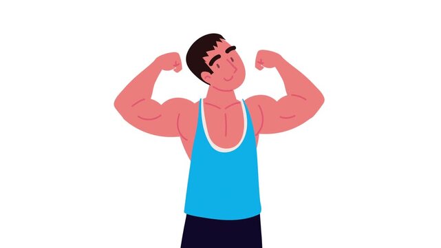 Strong athletic man flexing biceps muscles on white background in flat animation style for fitness and health content.
