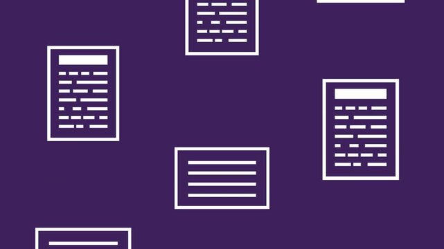 Dynamic motion graphics of documents and papers floating across purple background.