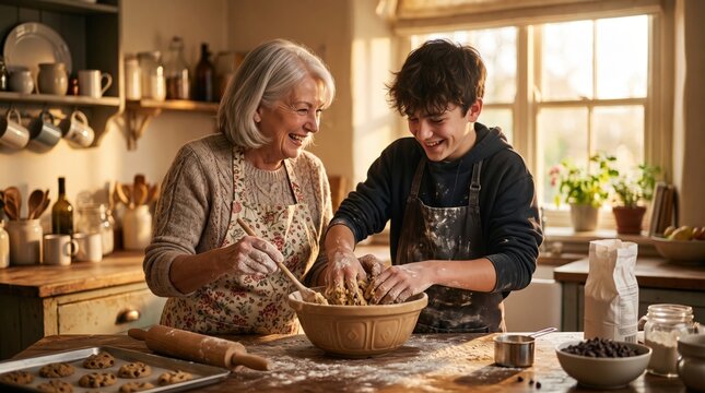 Grandmother and grandson baking cookies together in a cozy rustic kitchen at home