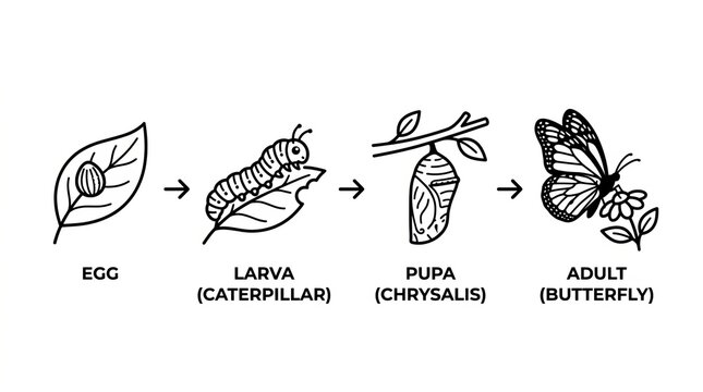 Life cycle stages of a butterfly from egg to adult insect.