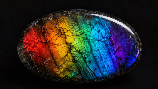 Finnish spectrolite labradorite macro showing full visible spectrum rainbow schiller with simultaneous scarlet orange gold green blue teal violet purple zones on dark stone