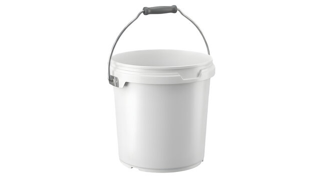 Empty white plastic bucket with metal handle isolated on white background cleaning pail plastic container storage pail industrial bucket mockup