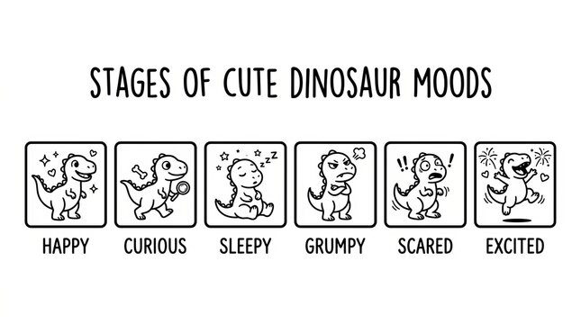 Cute cartoon dinosaurs showing different emotional expressions.